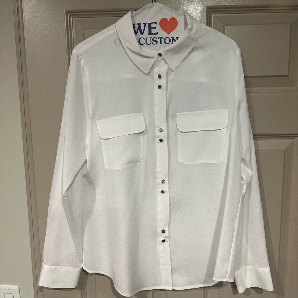 Ivanka Trump White Button-Down Blouse with Silver buttons, Roll Tab Sleeves NWOT